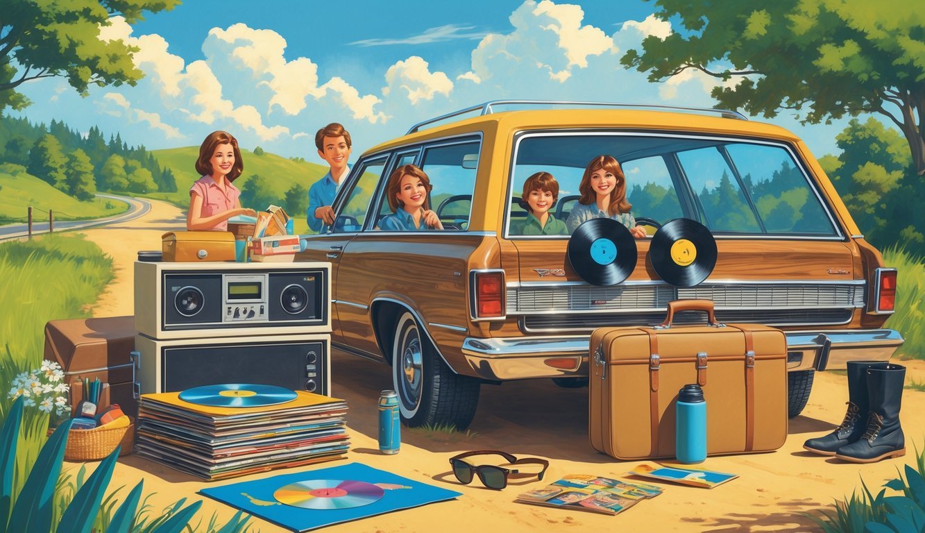 A family prepares for a 1970s road trip with a vintage station wagon, showing a car stereo with a vinyl record player and a stack of vinyl records nearby, along with various travel items packed around the car.
