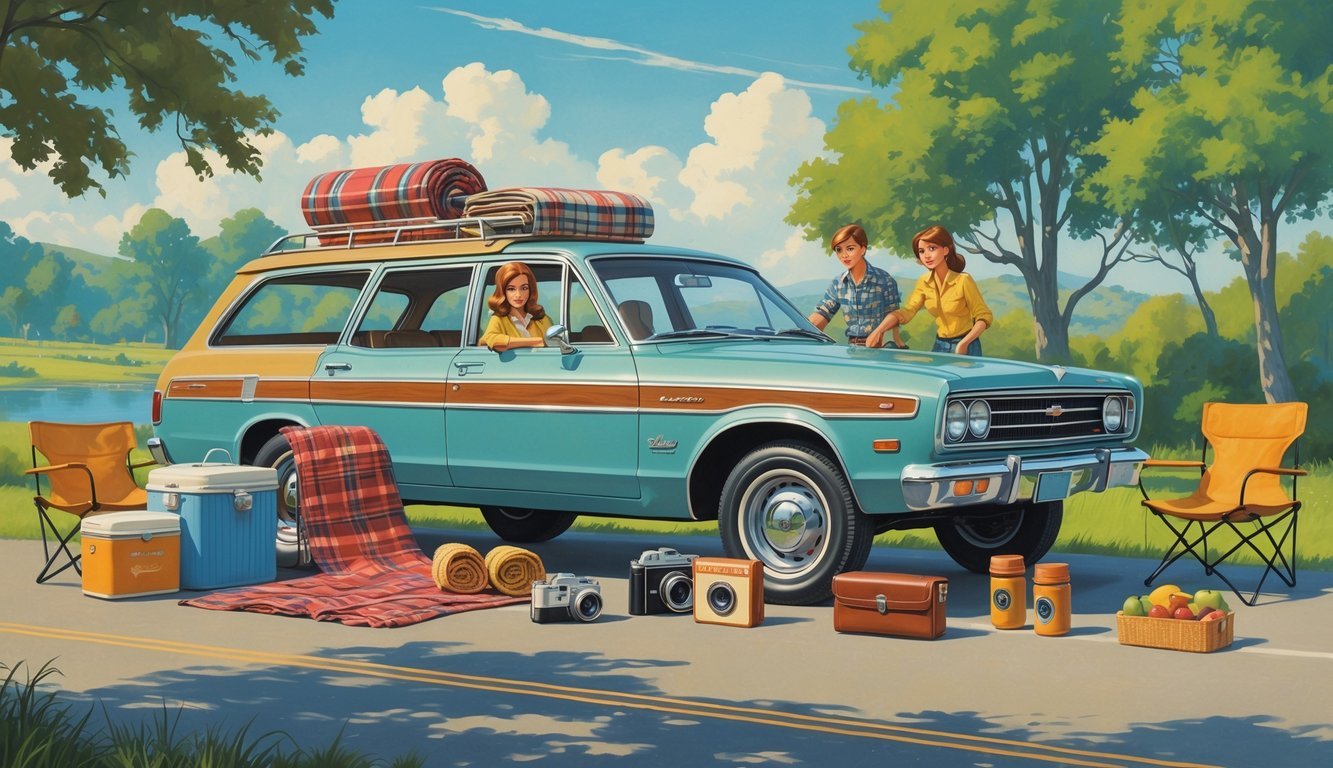 A 1970s family preparing for a road trip next to a wood-paneled station wagon with vintage travel items like a cooler, picnic blanket, radio, travel journals, camera, thermos, camping chairs, toolbox, snacks, and binoculars.
