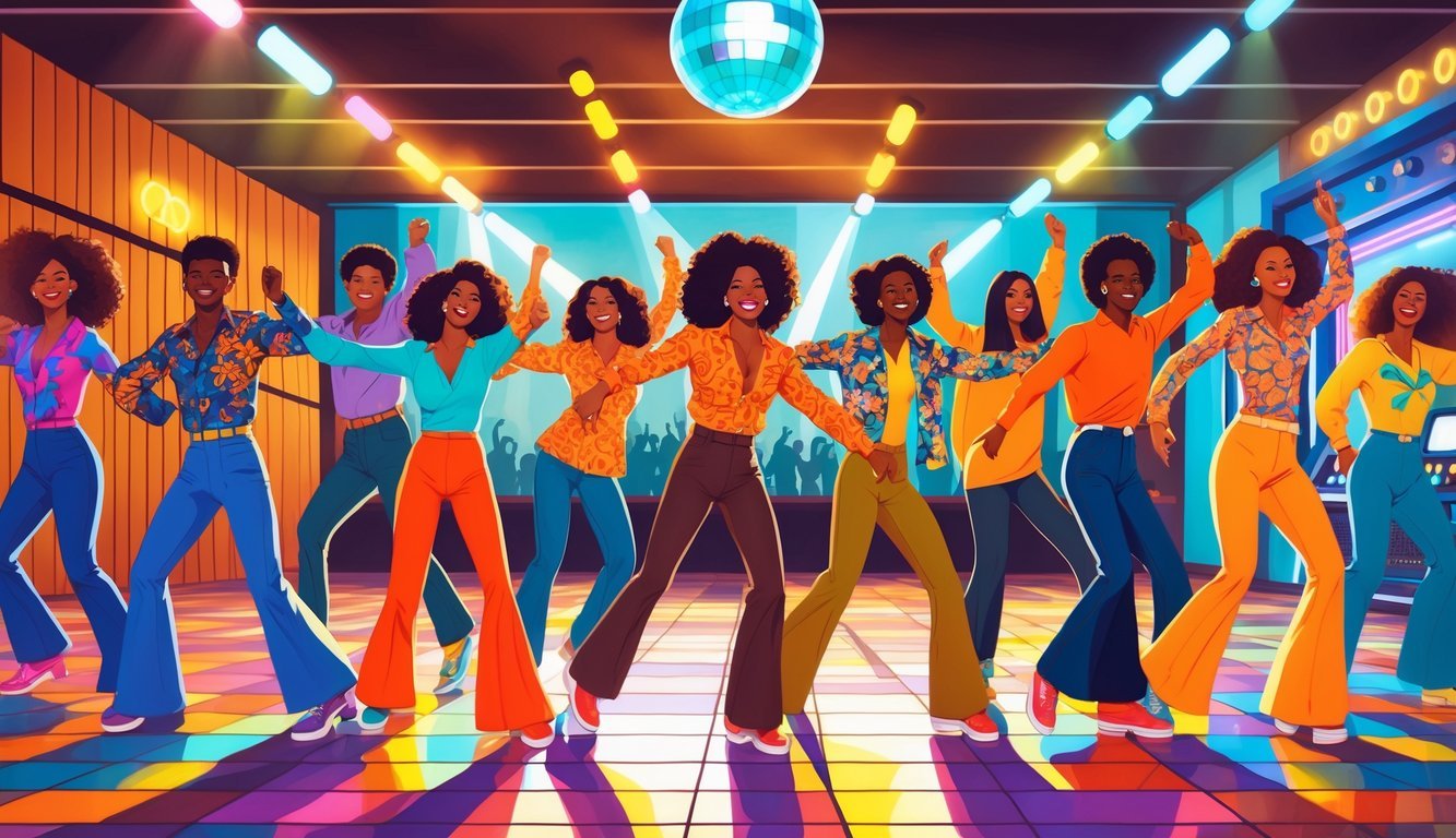 A group of people dancing together on a colorful disco floor, dressed in 1970s clothing with a disco ball overhead.