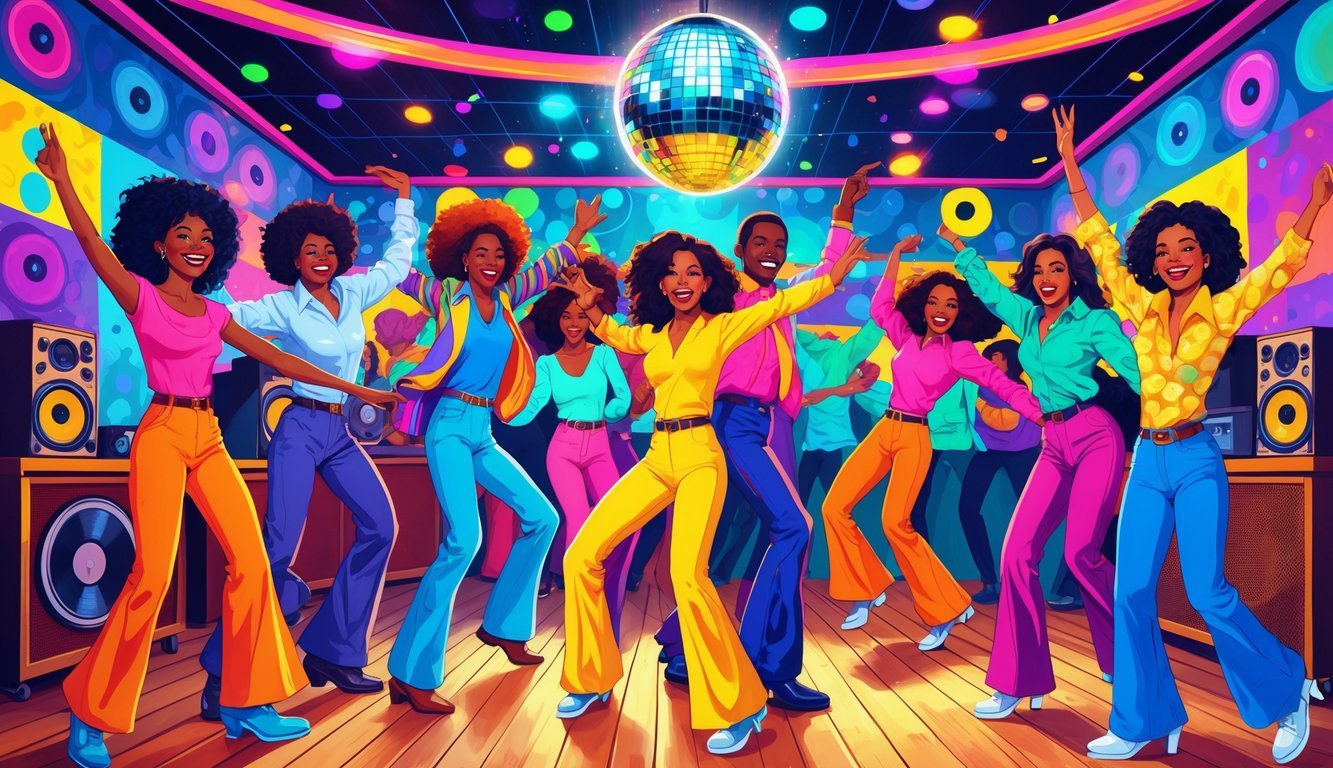 A group of people dancing energetically in a colorful 1970s disco setting with retro clothing and a disco ball overhead.