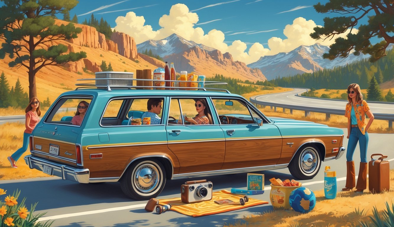 A family packing a wood-paneled station wagon with 1970s road trip items at a sunny roadside rest area surrounded by trees and mountains.