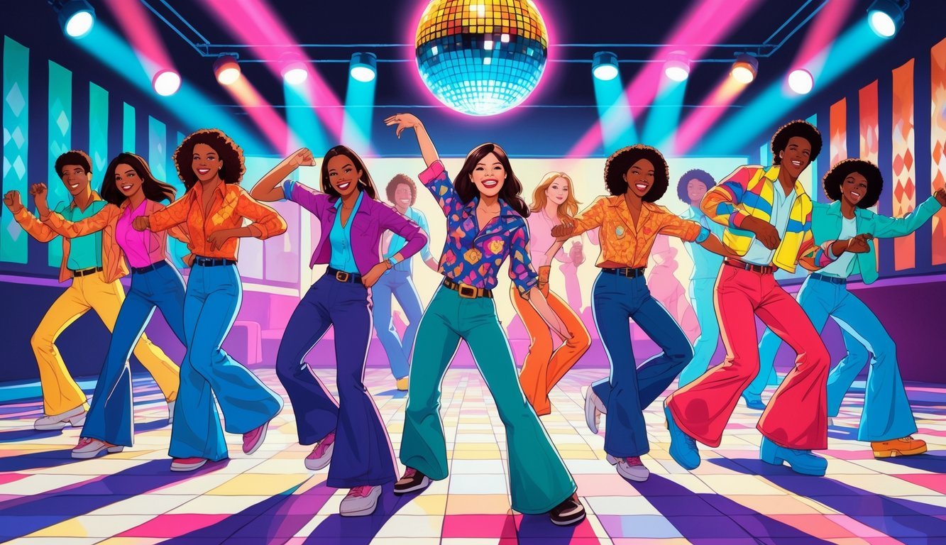 A group of people dressed in 1970s clothing energetically performing the Floss Dance on a disco dance floor under a disco ball.