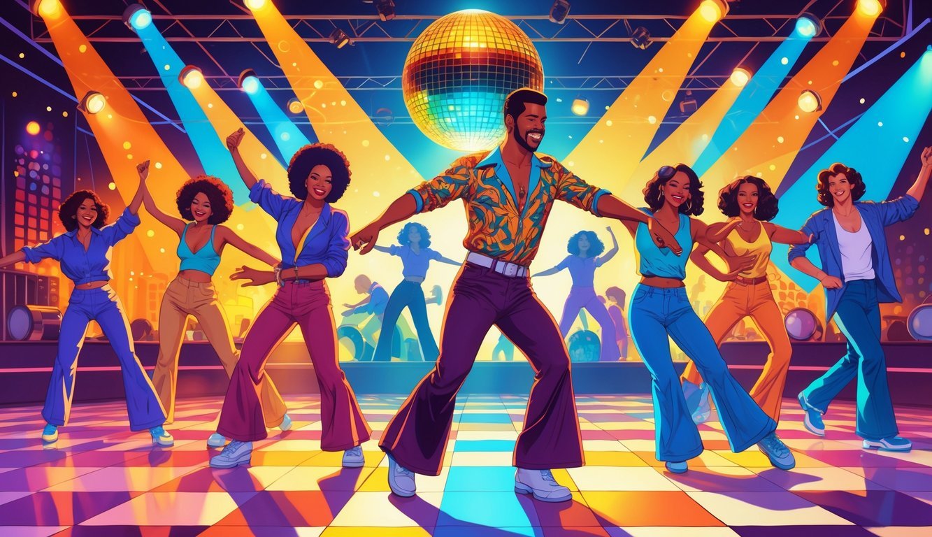A group of people dancing energetically on a disco dance floor, with one man in the center doing the Running Man dance surrounded by others performing various 1970s dance moves.