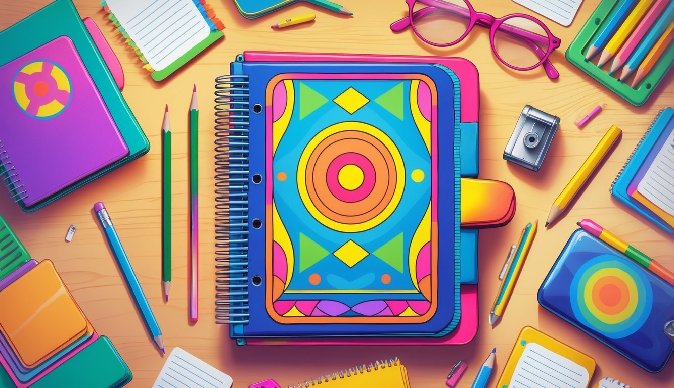 A collection of 1970s school supplies including a colorful Trapper Keeper binder, spiral notebooks, colored pencils, a pencil sharpener, ruler, pencil, glasses, and flashcards arranged on a school desk.
