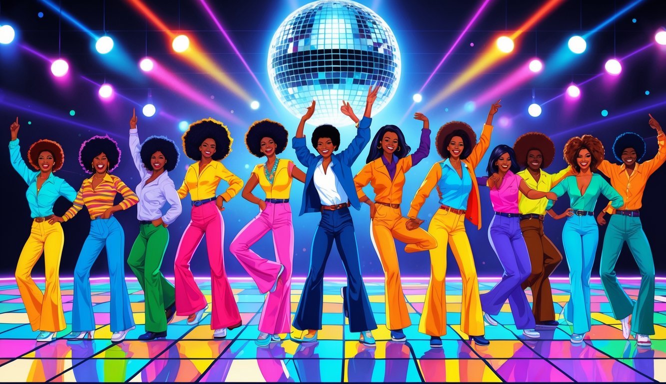 A lively scene showing twelve people dancing different 1970s dance moves on a disco dance floor with colorful lights and a disco ball overhead.