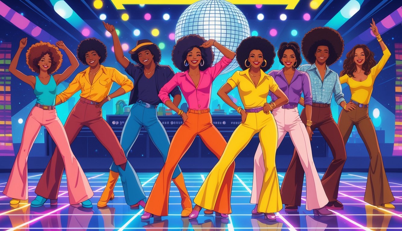 A group of people dressed in 1970s clothing performing various classic dance moves together in a disco setting with colorful lights and a disco ball.
