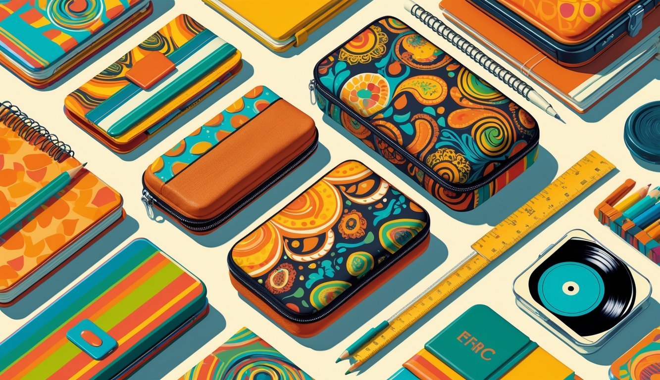 A collection of colorful 1970s pencil cases with bold patterns displayed alongside vintage school supplies like notebooks, rulers, and pens.