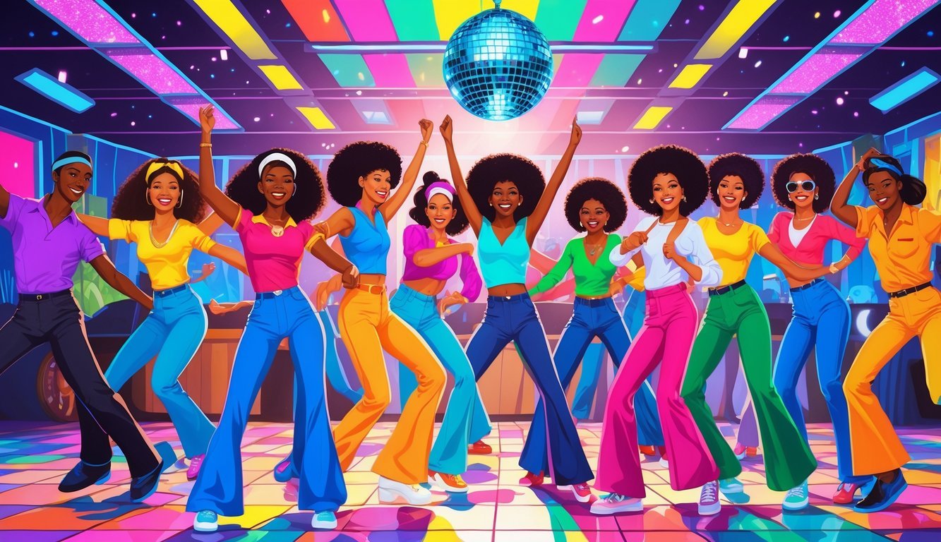A group of people dancing in 1970s outfits under a disco ball in a lively club, performing various popular dance moves from the decade.
