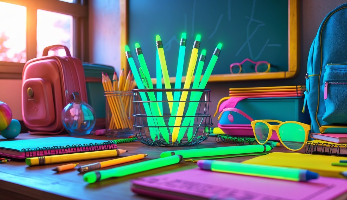 A school desk with glow-in-the-dark pens glowing softly among various 1970s school supplies like notebooks, a lunchbox, a ruler, and glasses in a classroom setting.