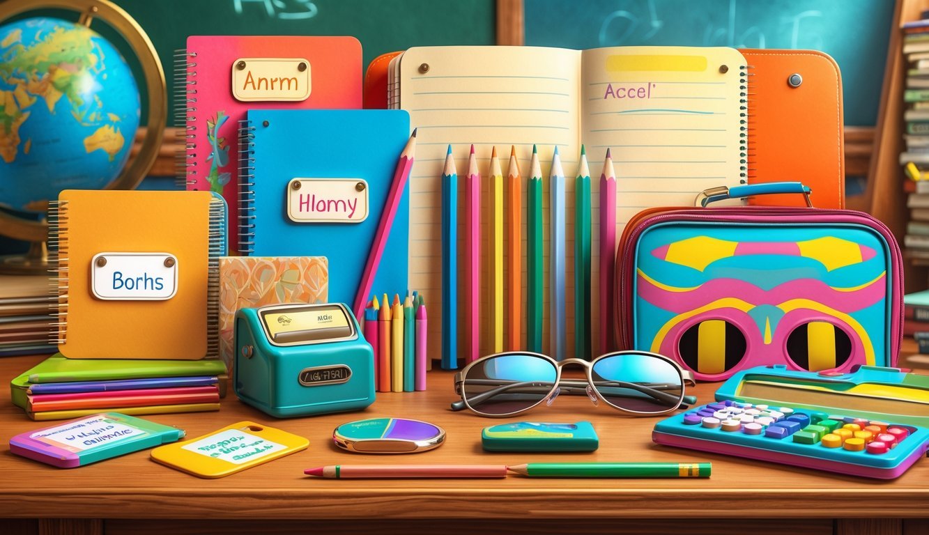 A collection of eight classic 1970s school supplies arranged on a wooden desk, including personalized name tags, notebooks, colored pencils, a pencil sharpener, crayons, a lunchbox, sunglasses, and a calculator.