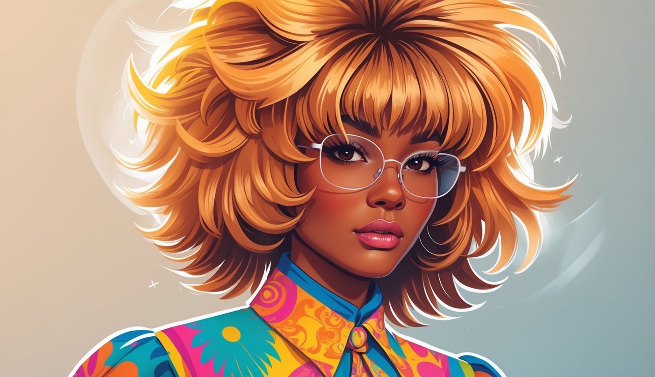 A person with a voluminous feathered shag haircut wearing colorful 1970s-style clothing against a warm, softly lit background.