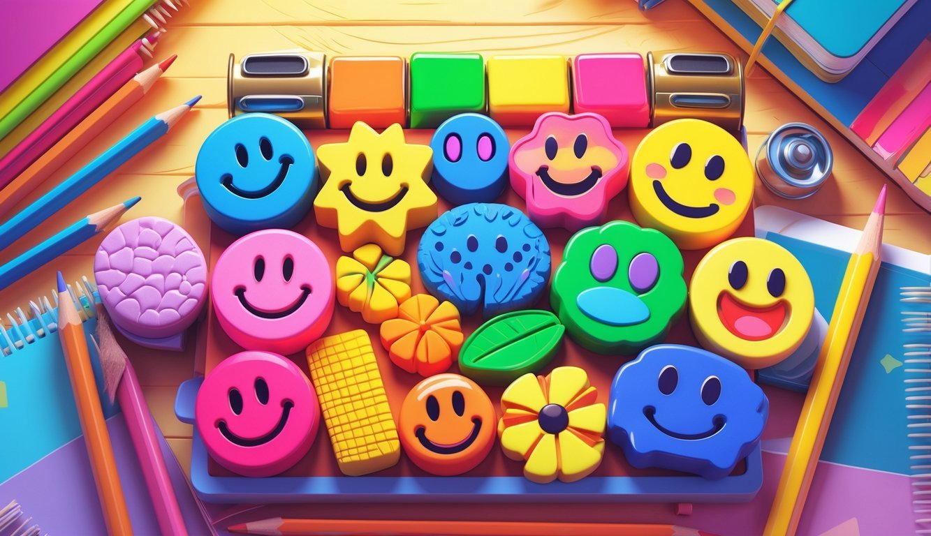 A collection of colorful erasers in fun shapes like smiley faces, stars, and animals arranged on a school desk with other 1970s school supplies.