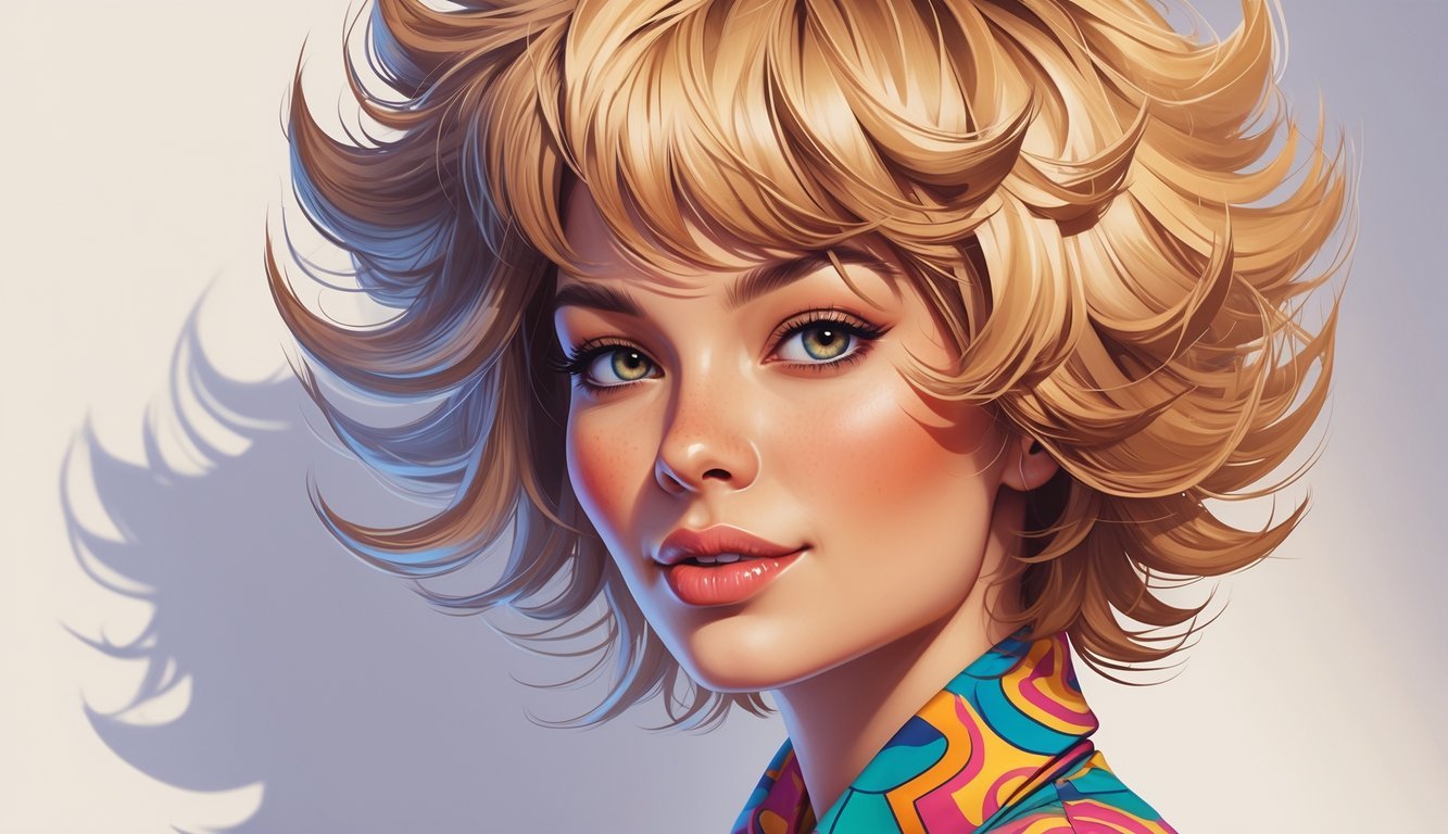 A confident woman with a short, textured pixie haircut wearing colorful retro clothing, shown from the shoulders up against a simple background.