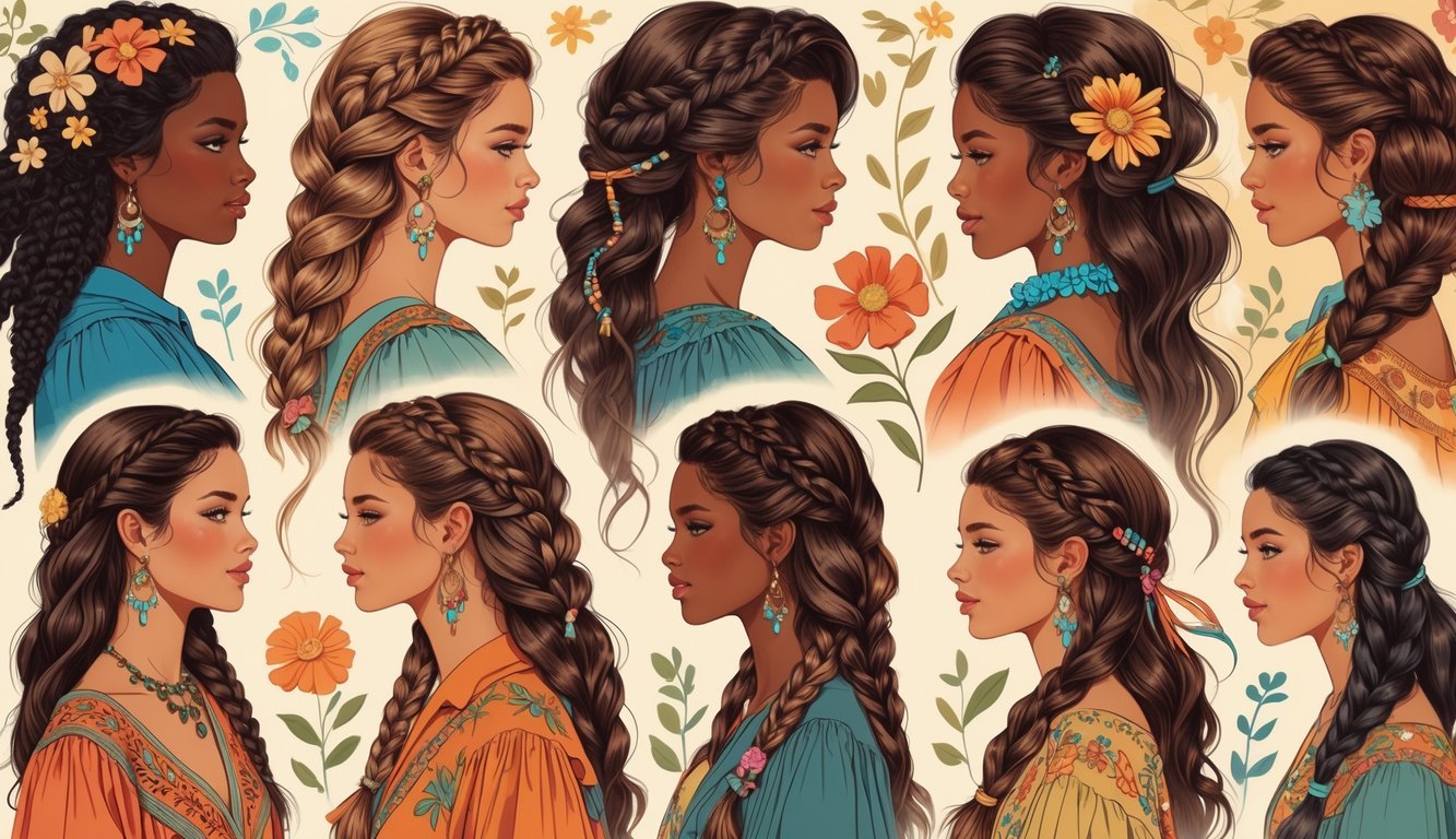 Nine people with different braided hairstyles and natural waves, wearing bohemian clothing, arranged together against a soft floral background.