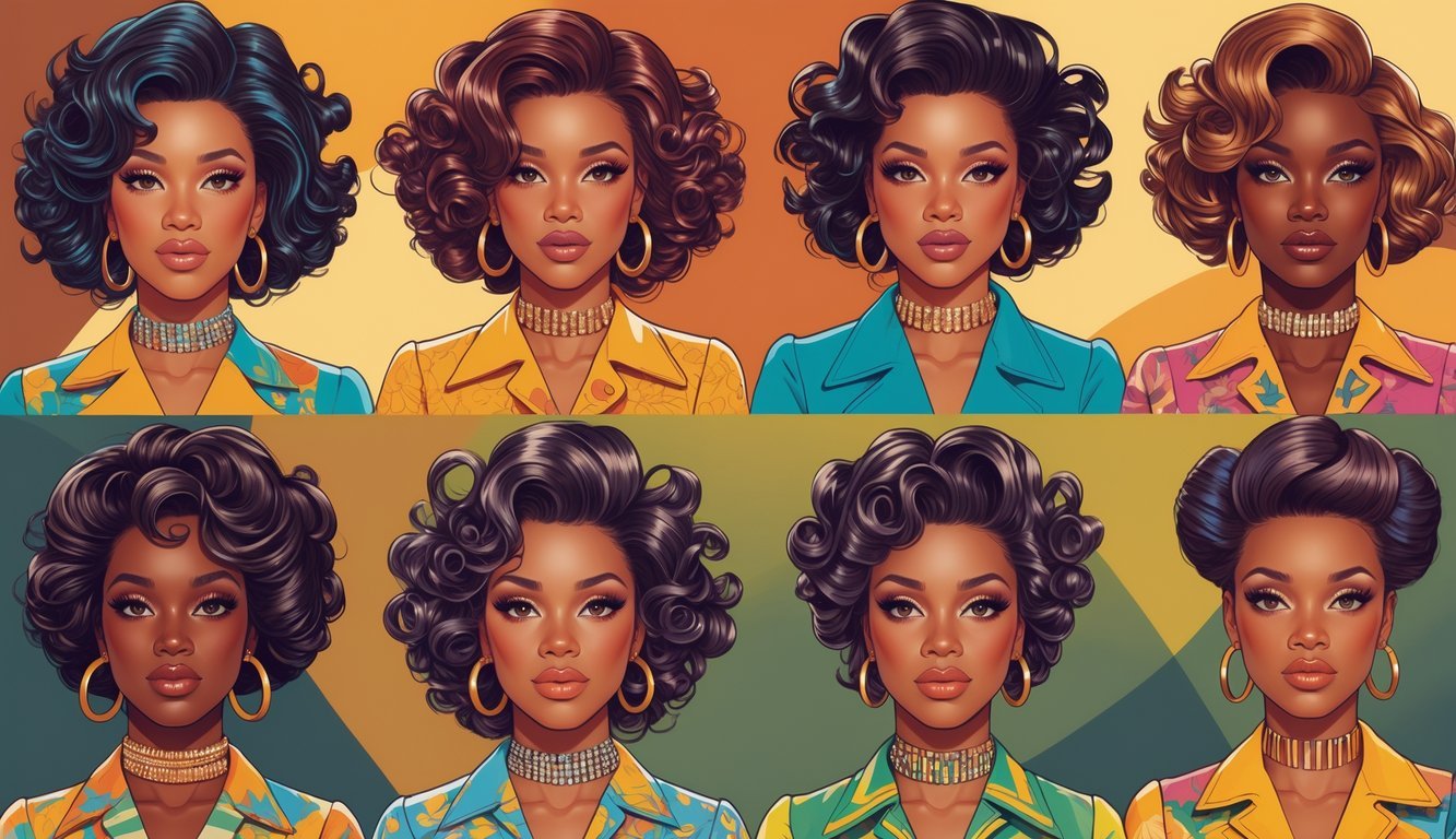 Nine women with different roller curl hairstyles from the 1970s, wearing colorful retro clothing and accessories, posed together against a warm, vintage-colored background.