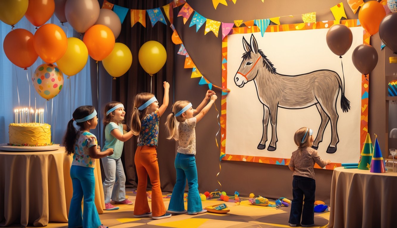 Children playing a homemade pin-the-tail-on-the-donkey game at a colorful 1970s-themed birthday party with decorations and a birthday cake.