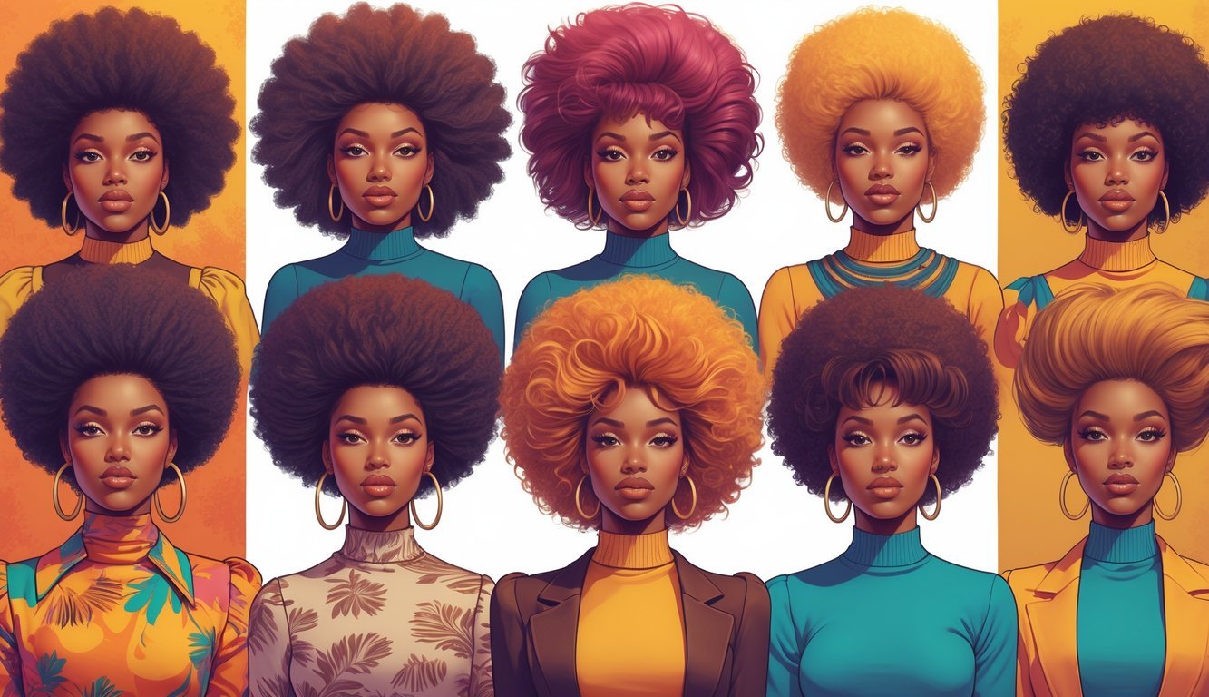 Nine people each showing a different bold 1970s hairstyle, standing together with confident expressions.