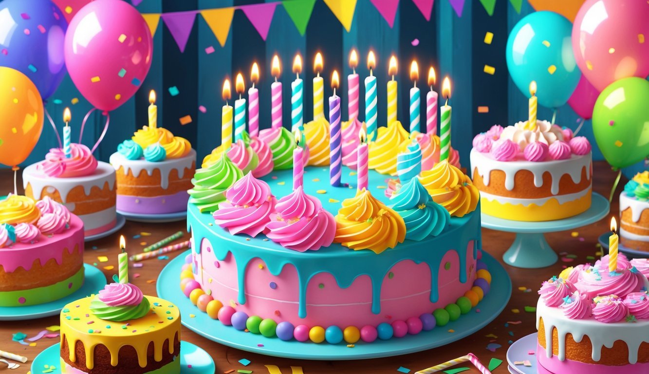 A colorful display of homemade birthday cakes with bright frosting surrounded by balloons, party hats, and confetti.