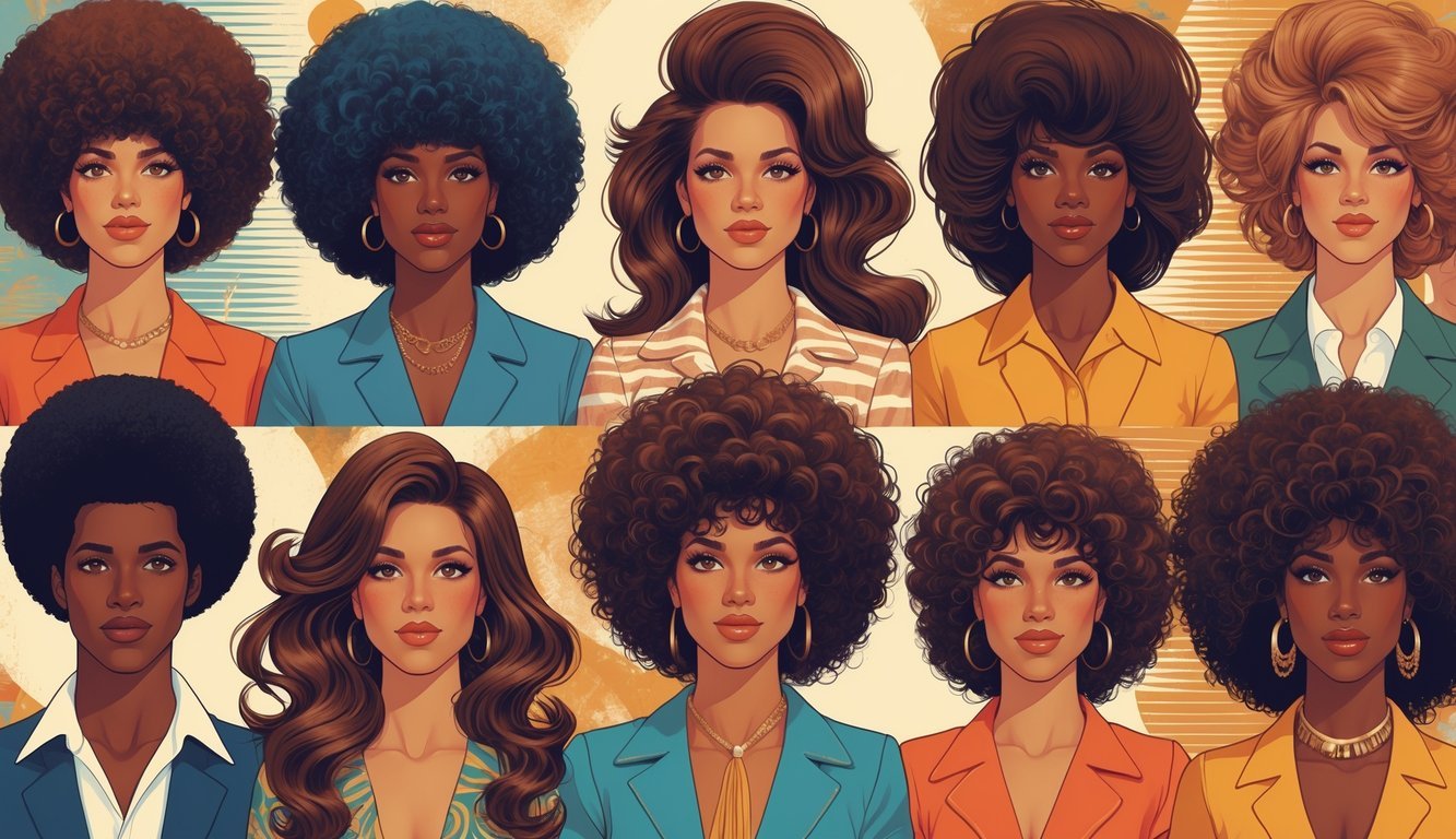 Nine people with different hairstyles from the 1970s, each showing a unique and bold hair design, standing together against a warm patterned background.