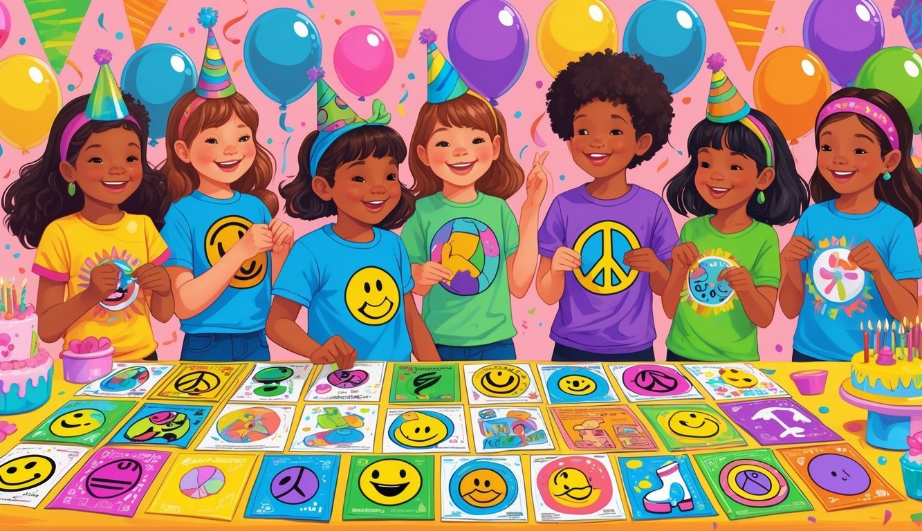Children at a 1970s-themed birthday party selecting colorful iron-on T-shirt transfers from a decorated table with balloons and a birthday cake nearby.