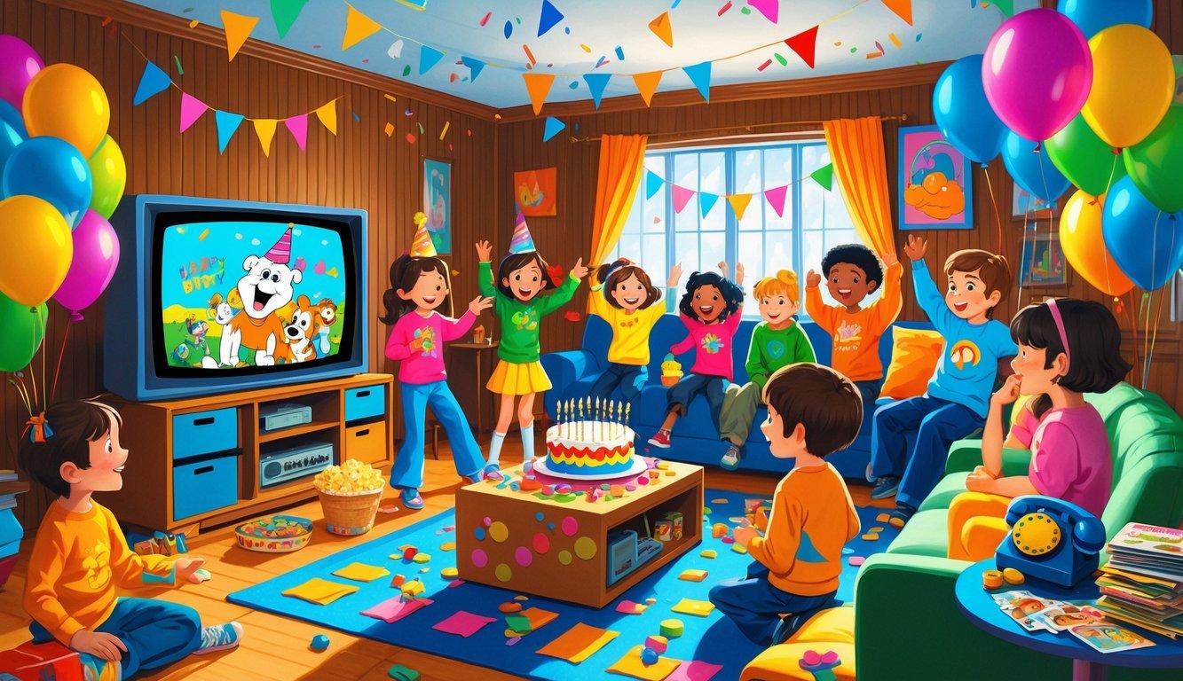 Children at a 1970s birthday party watching cartoons on an old television, surrounded by balloons, cake, party hats, and vintage toys in a cozy living room.