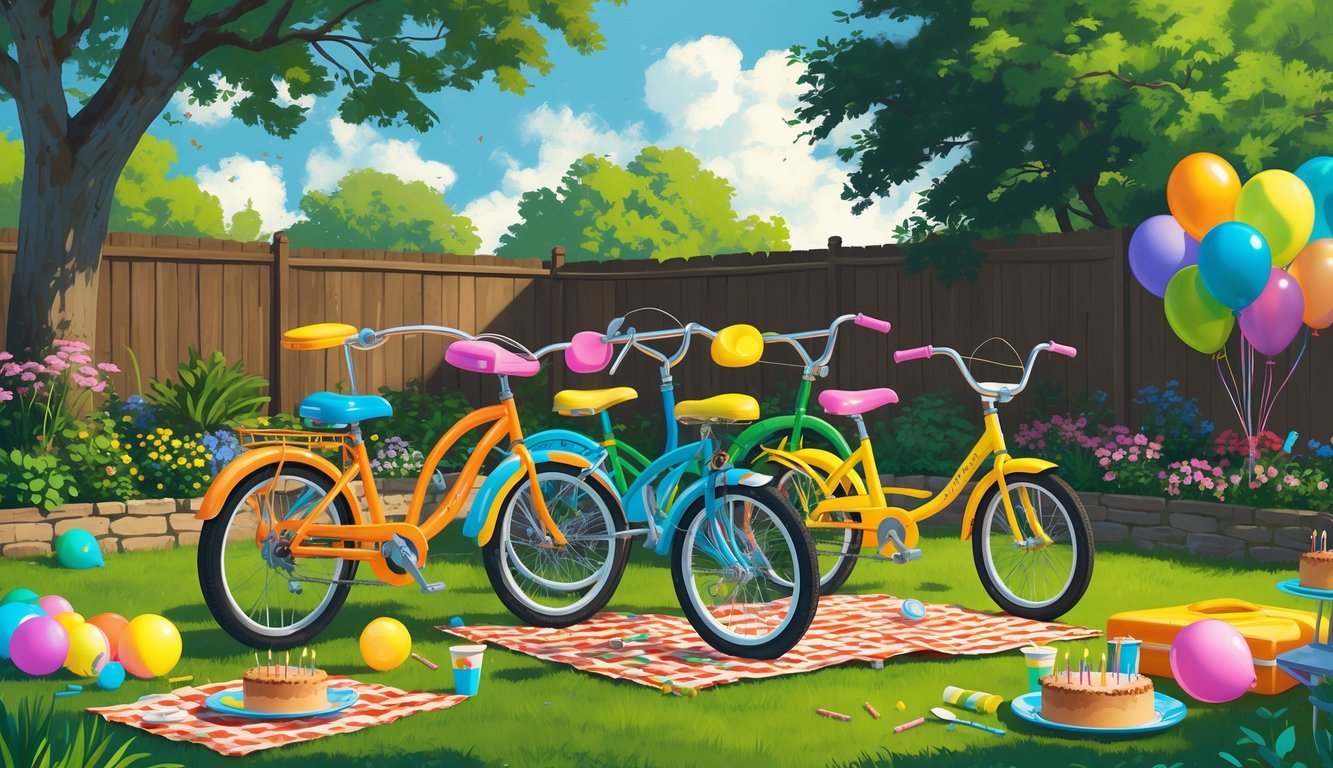 A backyard with banana seat bikes parked on the grass and children celebrating a birthday party surrounded by balloons and a picnic setup.