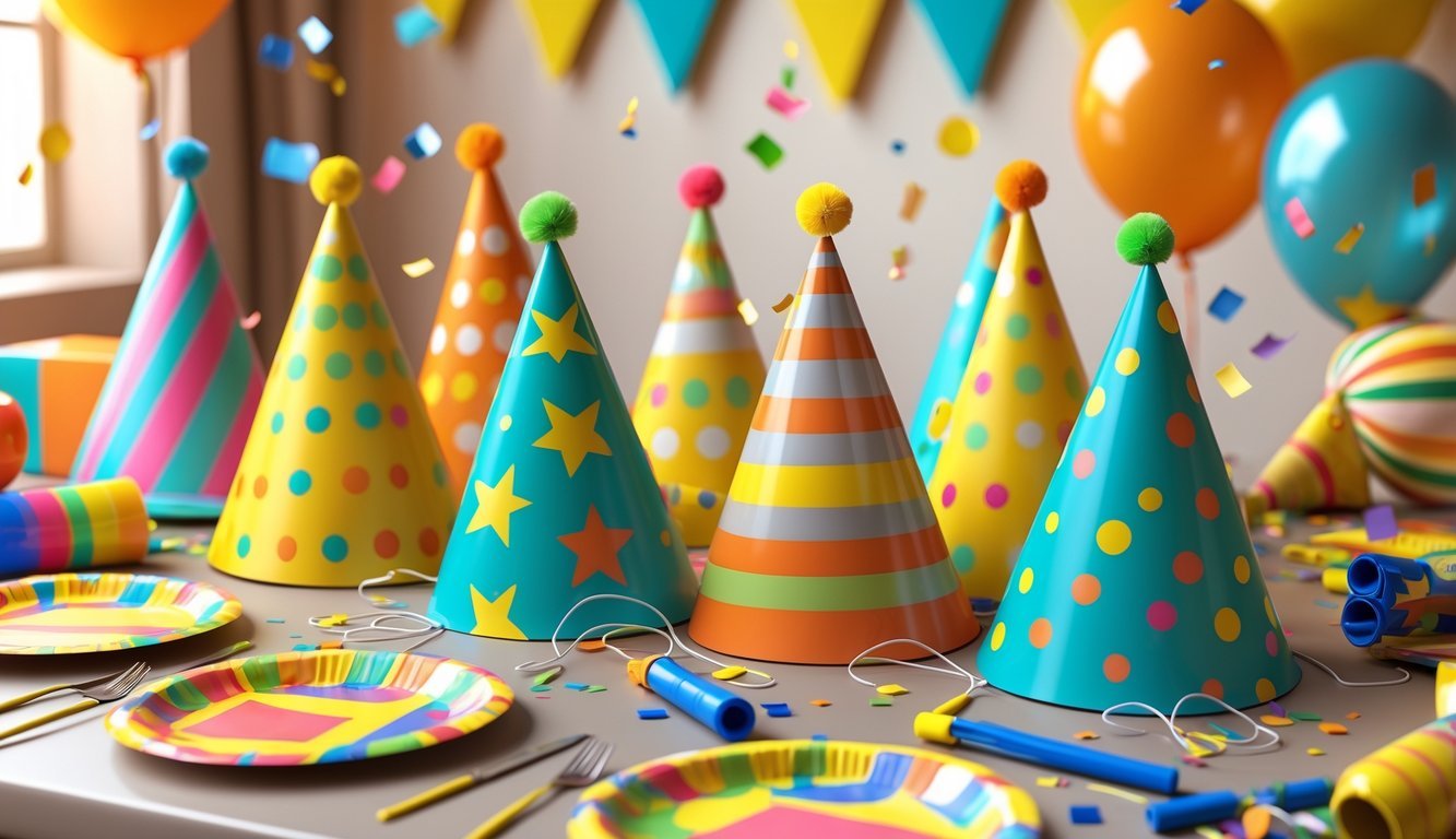 A collection of colorful party hats with elastic strings surrounded by retro 1970s birthday party items like noisemakers, balloons, confetti, and paper plates on a table.