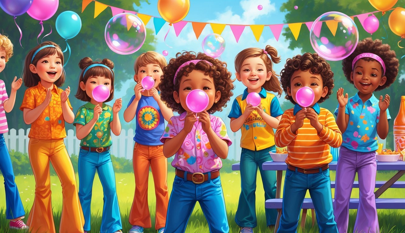 Children at a 1970s birthday party blowing bubble gum bubbles outdoors, surrounded by colorful decorations and snacks.