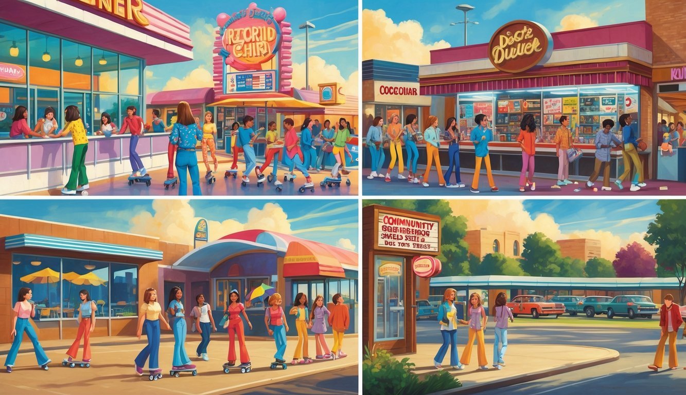 Teenagers enjoying various popular hangouts from the 1970s including a roller rink, diner, arcade, record store, skate park, disco dance floor, drive-in theater, outdoor park, and mall.