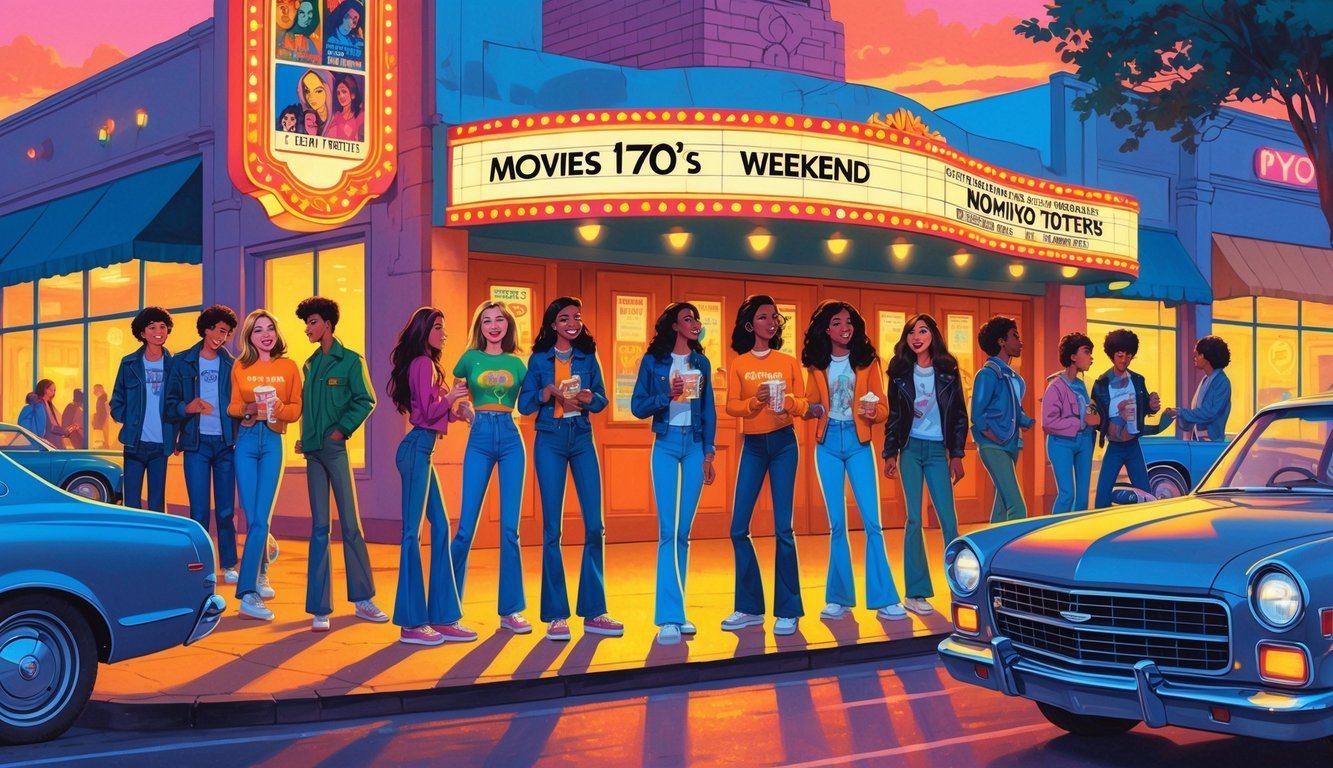 Teenagers in 1970s clothing hanging out outside a vintage movie theater with a glowing marquee and classic cars parked nearby during sunset.