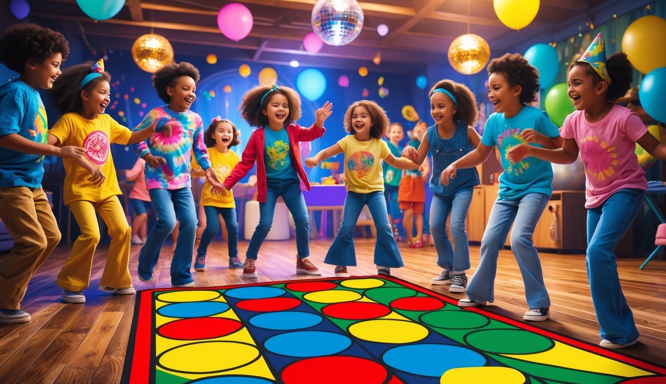 Children playing Twister on a colorful mat at a lively 1970s-themed birthday party with retro decorations.