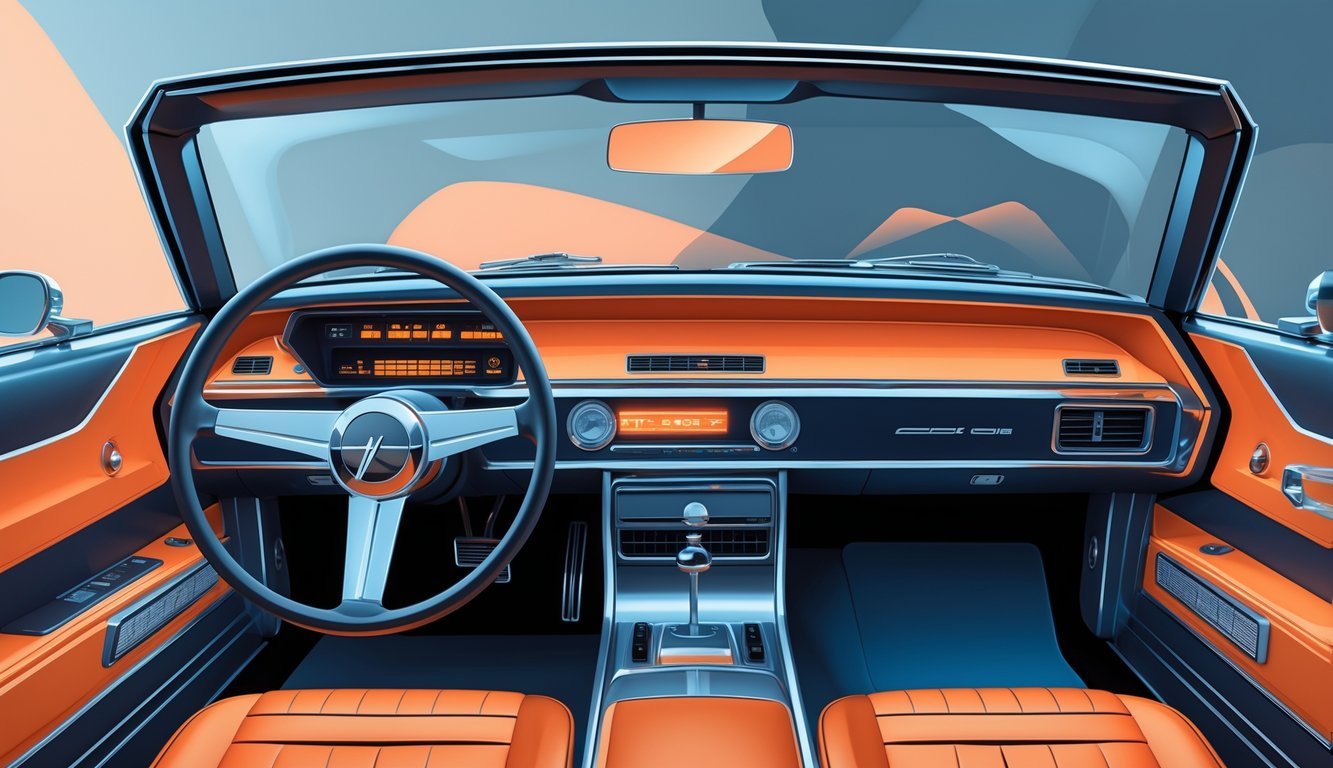 A 1970s car with futuristic dashboard controls and geometric window designs, set against a retro-futuristic background.