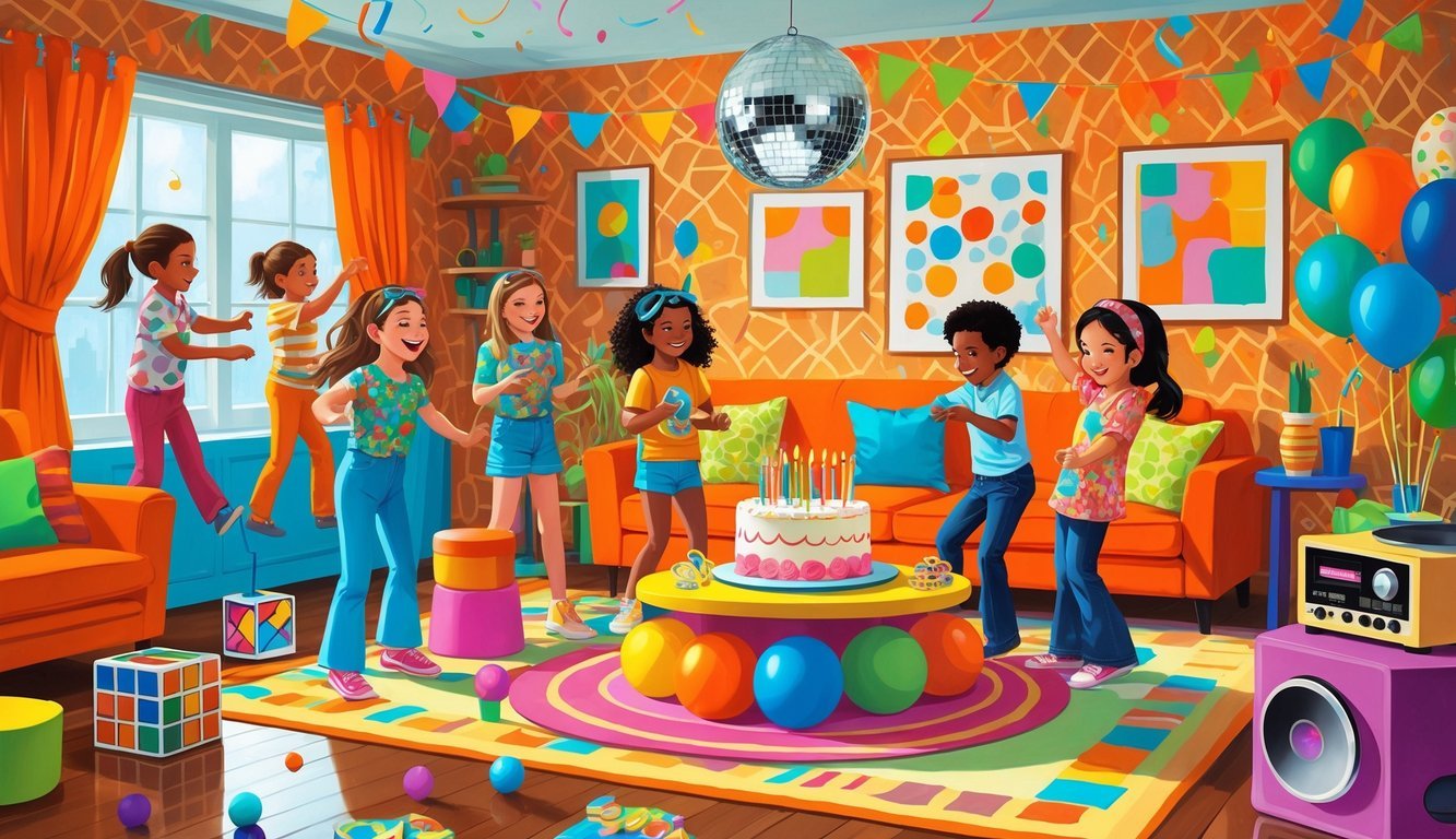Children at a colorful 1970s birthday party playing games and enjoying snacks in a decorated living room.