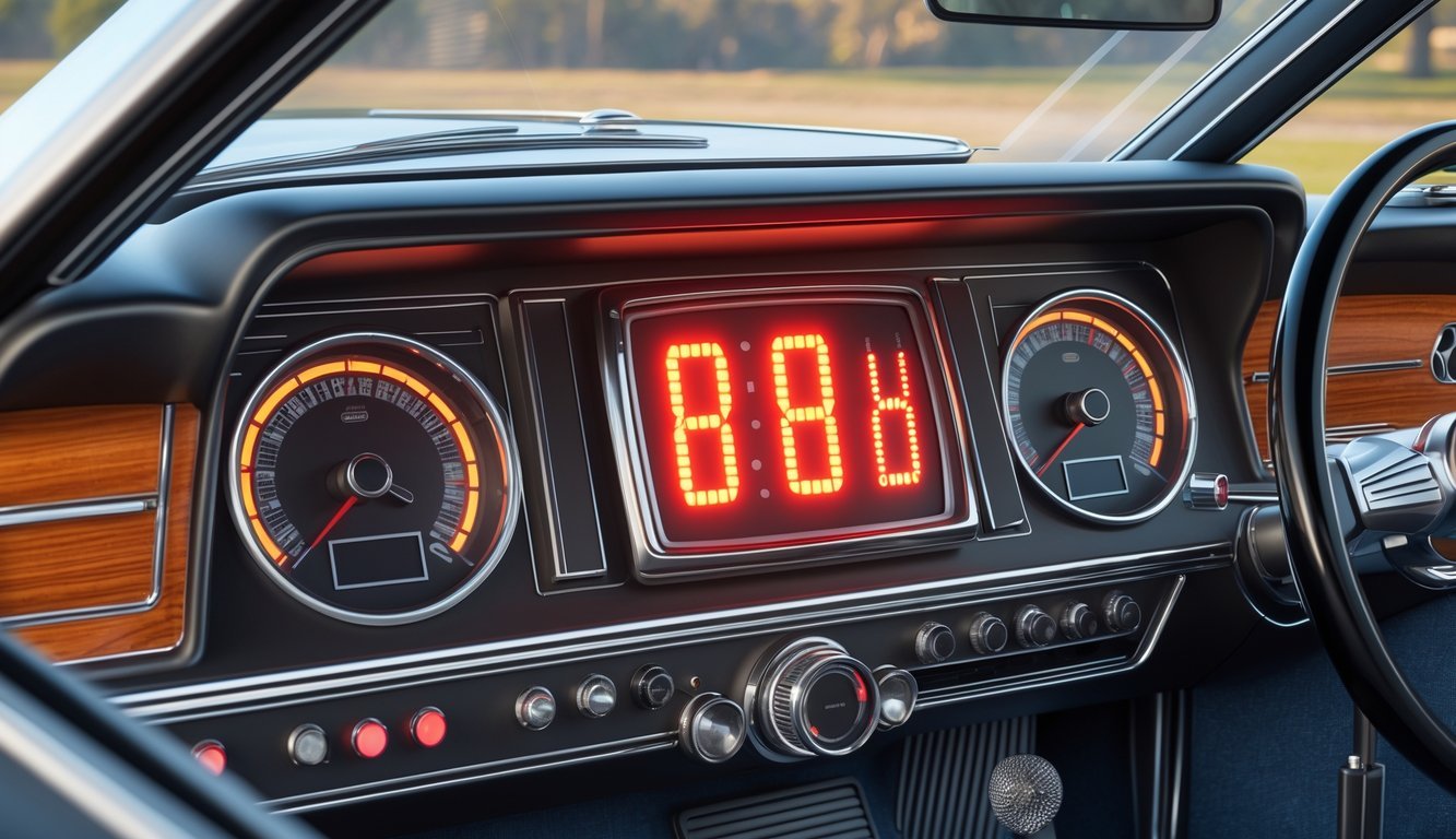 Interior view of a 1970s car dashboard featuring a digital clock and vintage car controls.