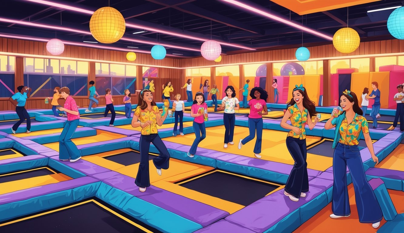 A group of teenagers bouncing and socializing inside a lively indoor trampoline park with foam pits and climbing structures.