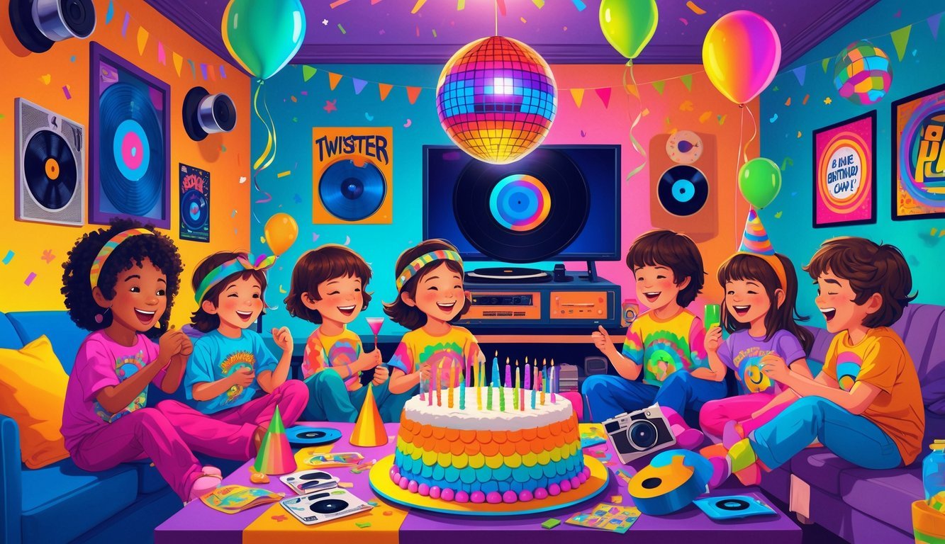 Children celebrating a 1970s birthday party in a colorful room with retro decorations, a birthday cake, balloons, and vintage toys.