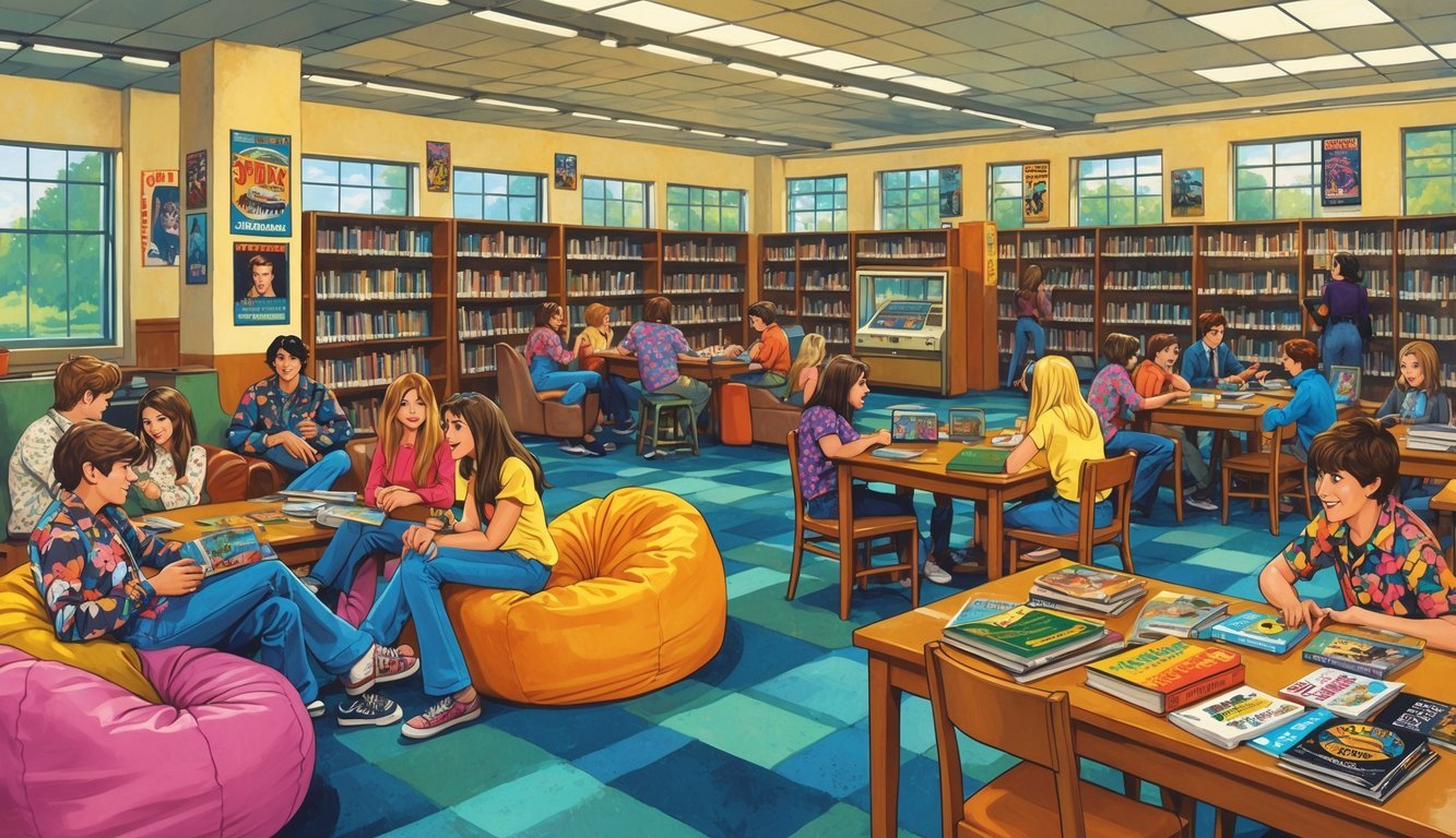 Teens hanging out and socializing in a 1970s library with bookshelves, tables, and cozy seating areas.