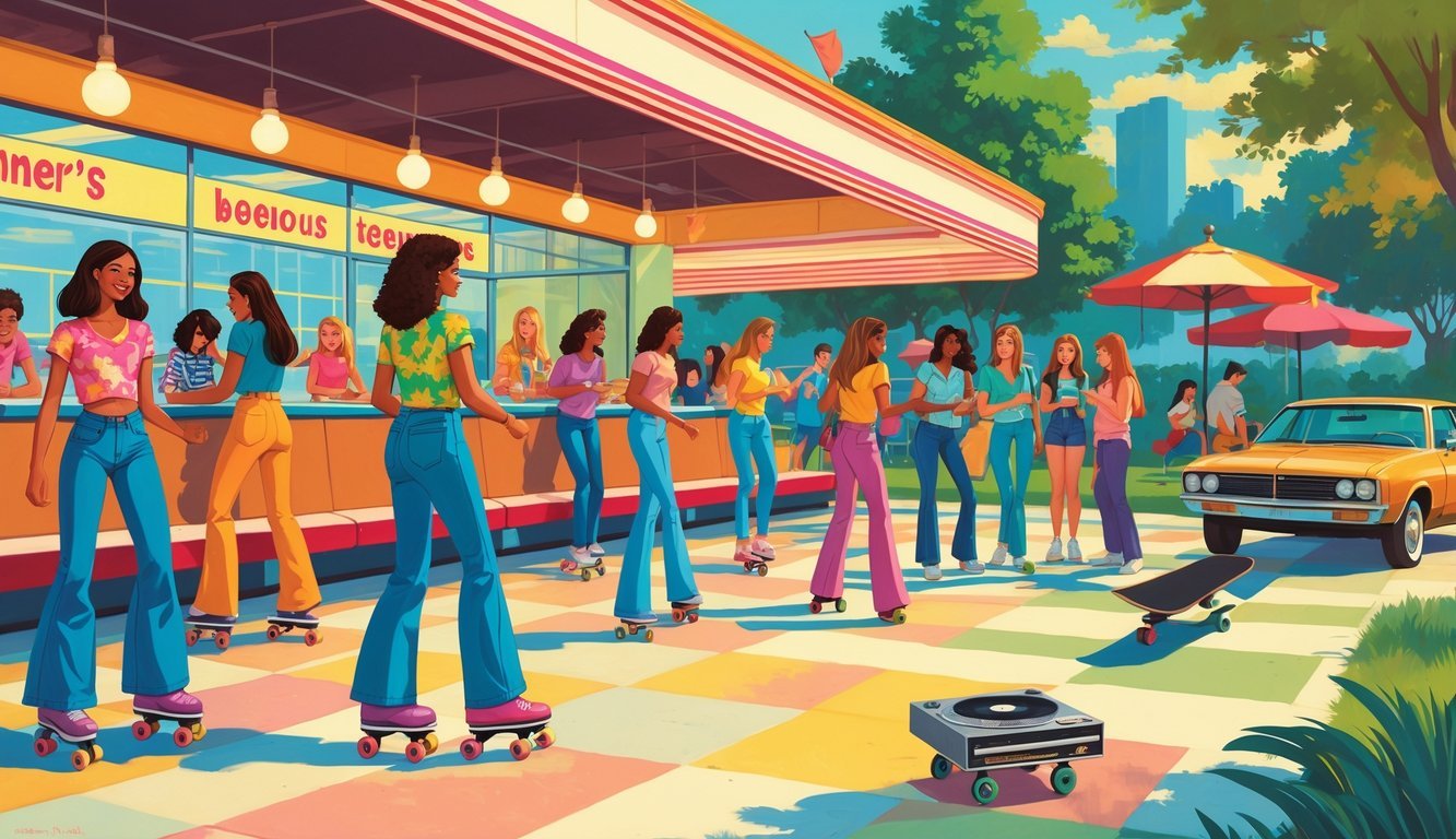 A busy 1970s teen hangout with teens roller skating, eating at a diner, playing music in a park, and skateboarding near a vintage car.