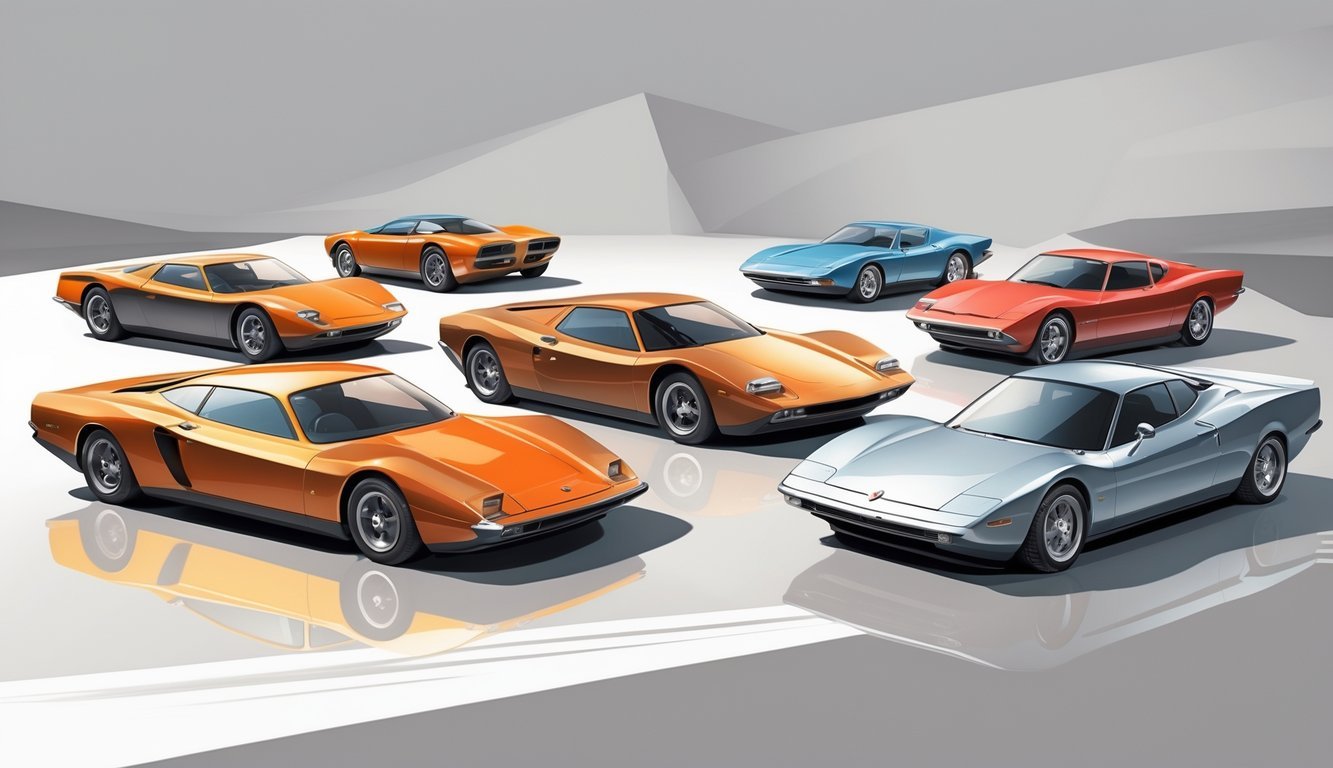 A group of wedge-shaped cars with sharp angles and smooth contours, arranged together on a plain background.