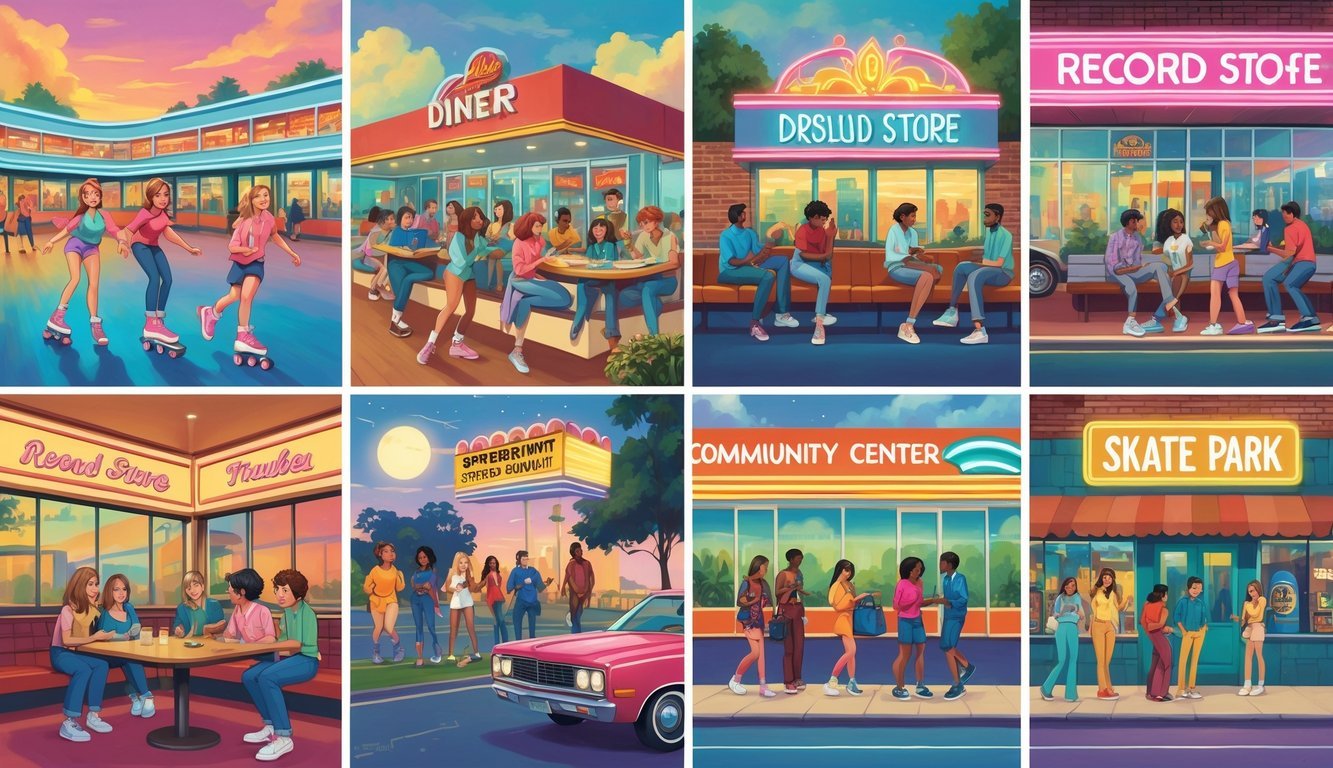A lively 1970s weekend scene showing teenagers spending time together at ten popular hangout spots including a roller rink, diner, arcade, record store, park, movie theater, beach, community center dance, skate park, and shopping mall.
