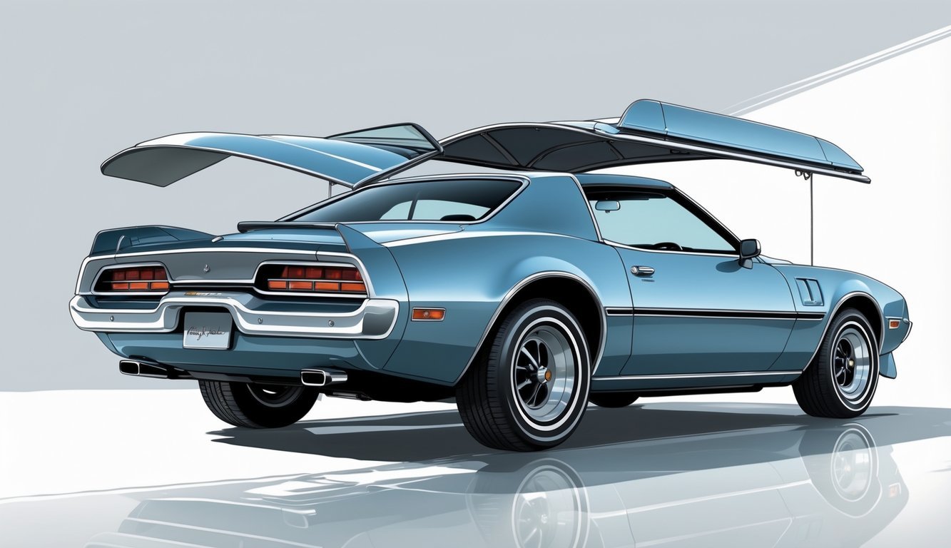 A 1970s car with partially open T-top roof panels showing the interior, set against a simple background.