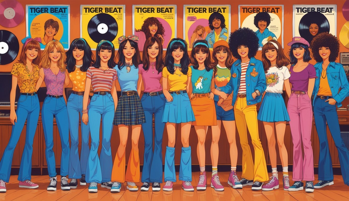 A group of teenagers dressed in 1970s fashion with colorful clothes and hairstyles, standing together in a lively setting with vintage music and teen culture elements around them.