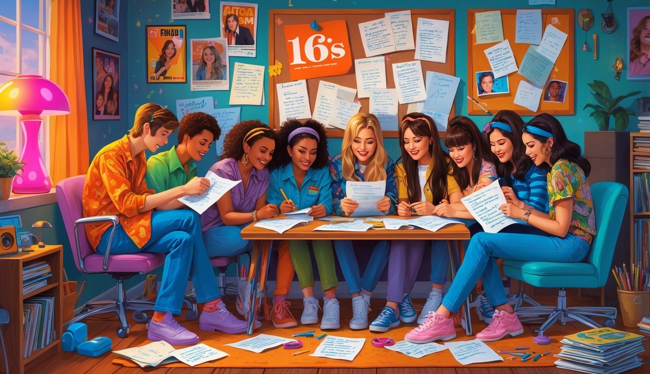 A group of teenagers in 1970s clothing gathered in a colorful bedroom filled with vintage decor, writing and reading fan letters and magazines.
