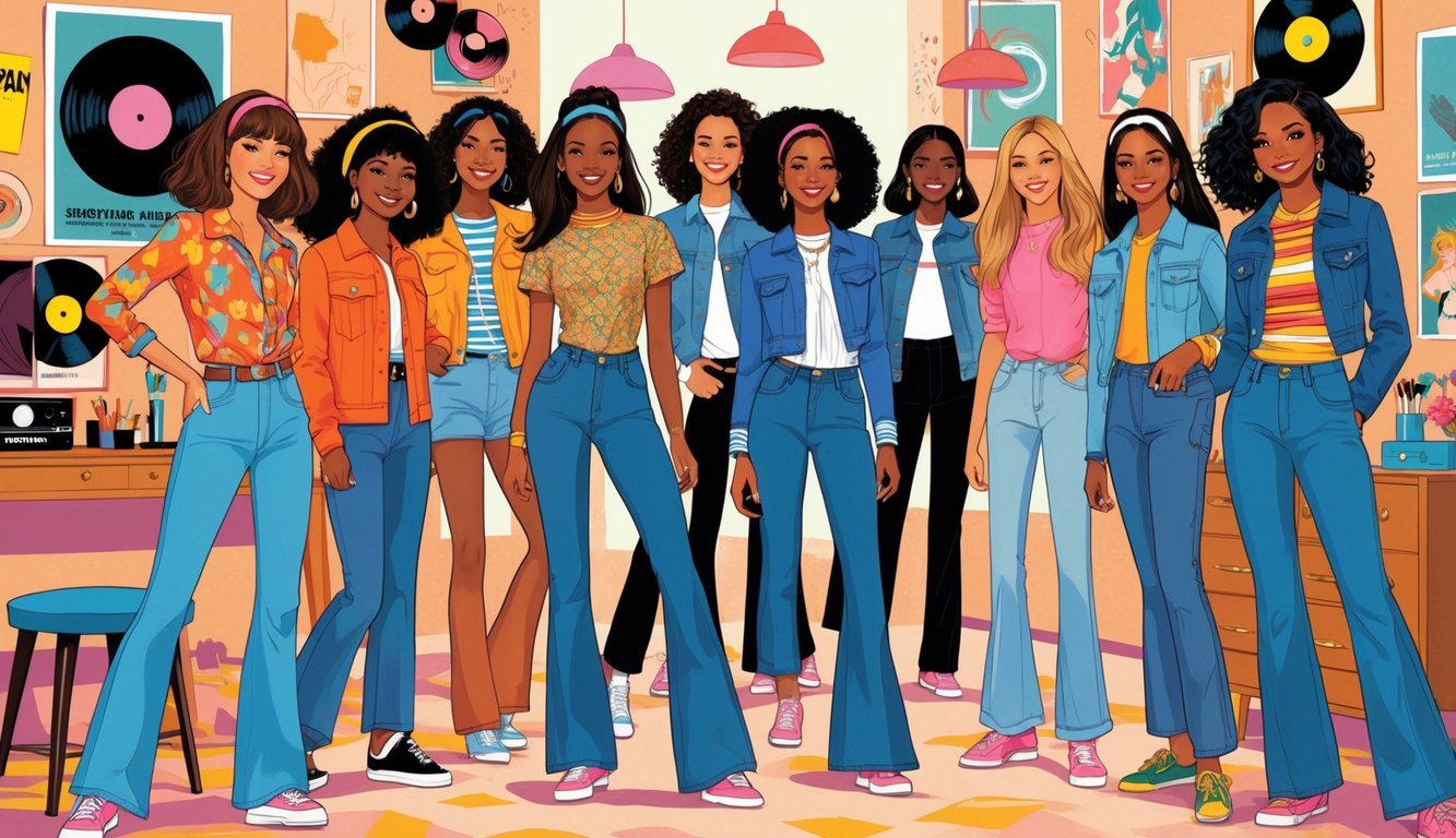 A group of diverse teenagers wearing 1970s fashion and hairstyles, standing together in a lively urban setting with retro accessories and makeup items nearby.