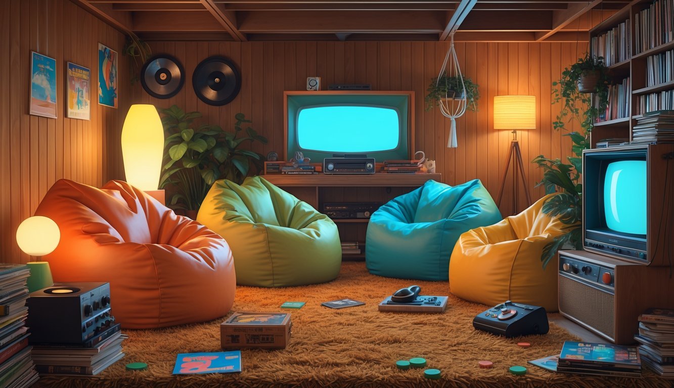 A cozy 1970s basement or den with colorful bean bag chairs, a lava lamp, record player, shag carpet, rotary phone, board games, plants, a retro TV, and books on shelves.