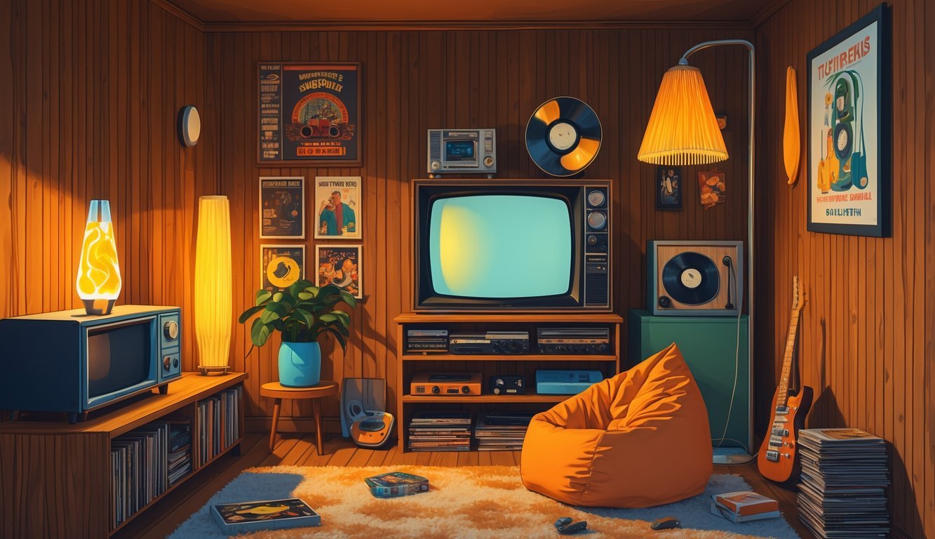 A cozy basement or den with wood paneling walls and ten typical 1970s items including a lava lamp, old television, rotary phone, shag carpet, bean bag chair, record player, board games, floor lamp, sports trophies, and a rock band poster.