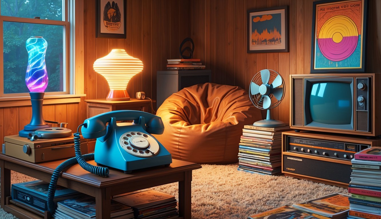 A 1970s basement or den with a rotary dial phone on a side table surrounded by a lava lamp, record player, shag carpet, wood-paneled walls, bean bag chair, rotary fan, books, retro TV, and a psychedelic poster.