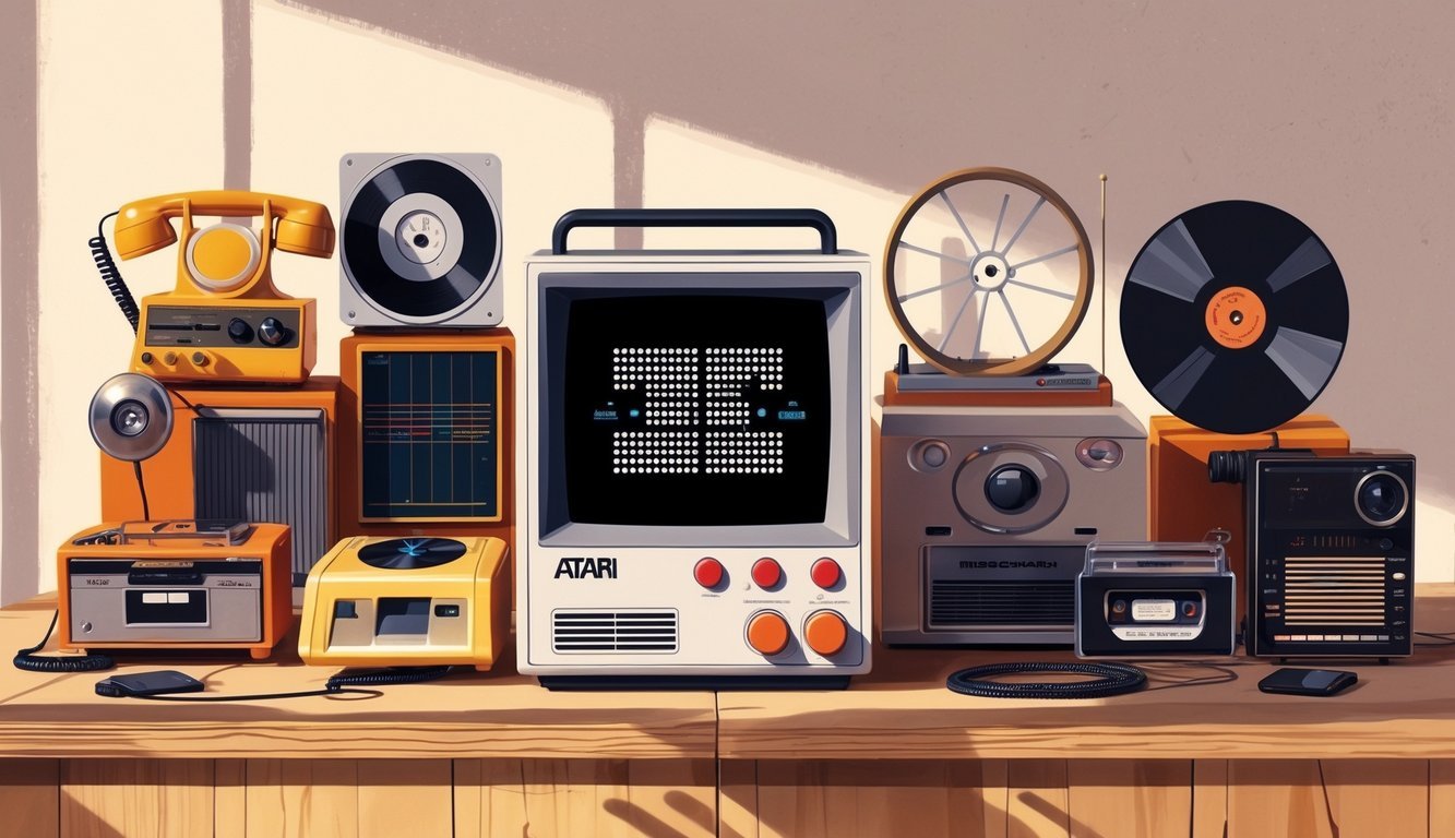 A collection of nine 1970s tech gadgets including an Atari Pong console, rotary phone, cassette player, calculator, digital watch, record player, radio, Polaroid camera, and film projector arranged on a wooden surface.