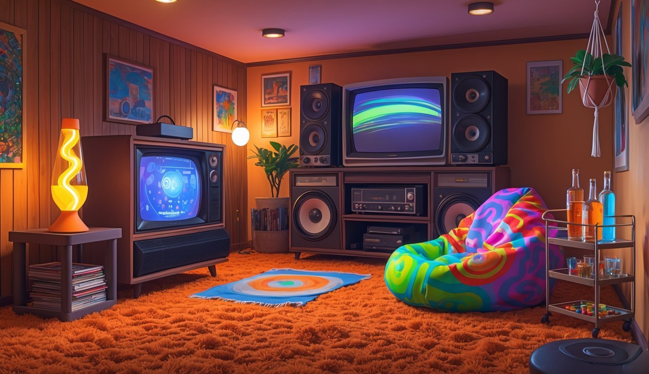 A 1970s basement or den with orange shag carpet, wood-paneled walls, a lava lamp, vintage television, rotary phone, record player, bean bag chair, board games, stereo speakers, macramé plant, and a small bar cart.
