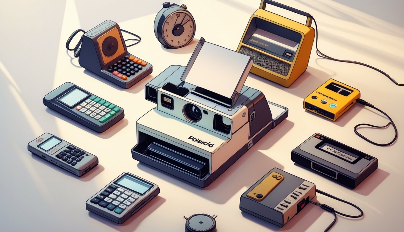 A collection of nine 1970s tech gadgets including a Polaroid SX-70 camera, a transistor radio, calculator, rotary phone, digital wristwatch, cassette player, brick mobile phone, game controller, and 8-track tape cartridge arranged together.